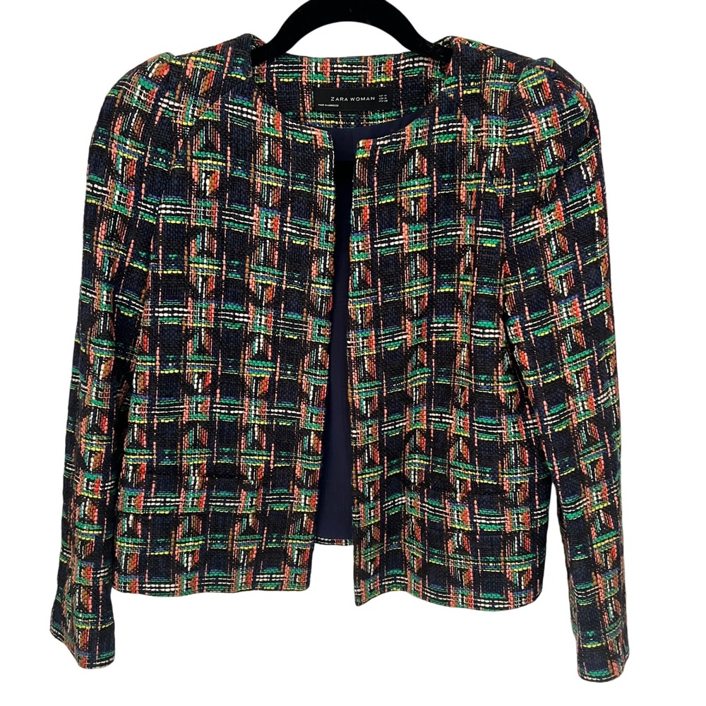 ZARA Multicolor Plaid Tweed Blazer Jacket Open Front Puff Sleeve. Women  Medium